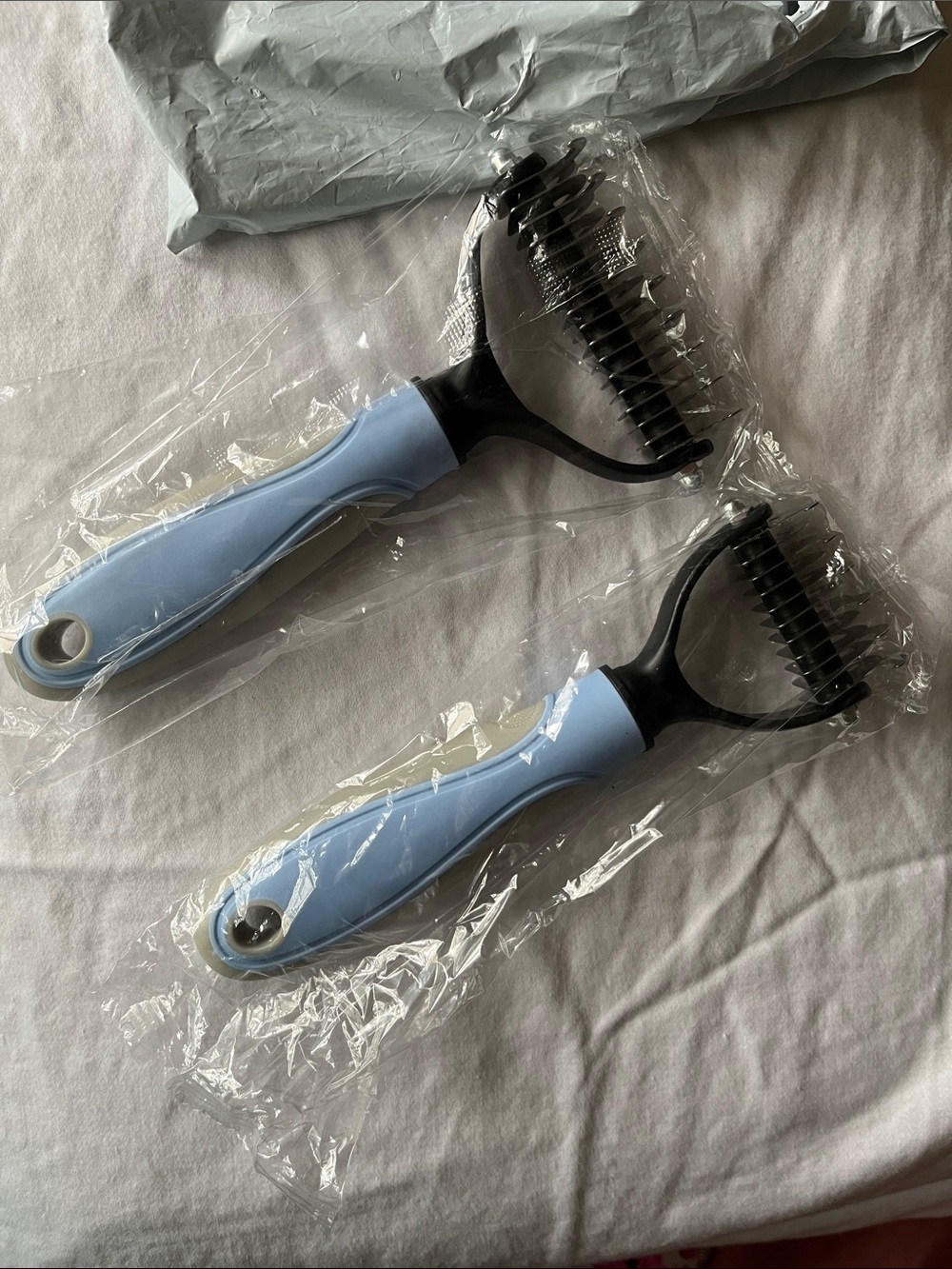 Pet Detangling Comb — Large and Small With Light Blue Handles